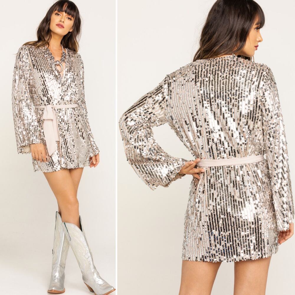 Show Me Your Mumu Giselle Kimono Wrap Silver Sequin Party Mini Dress Small - Picture 7 of 12
